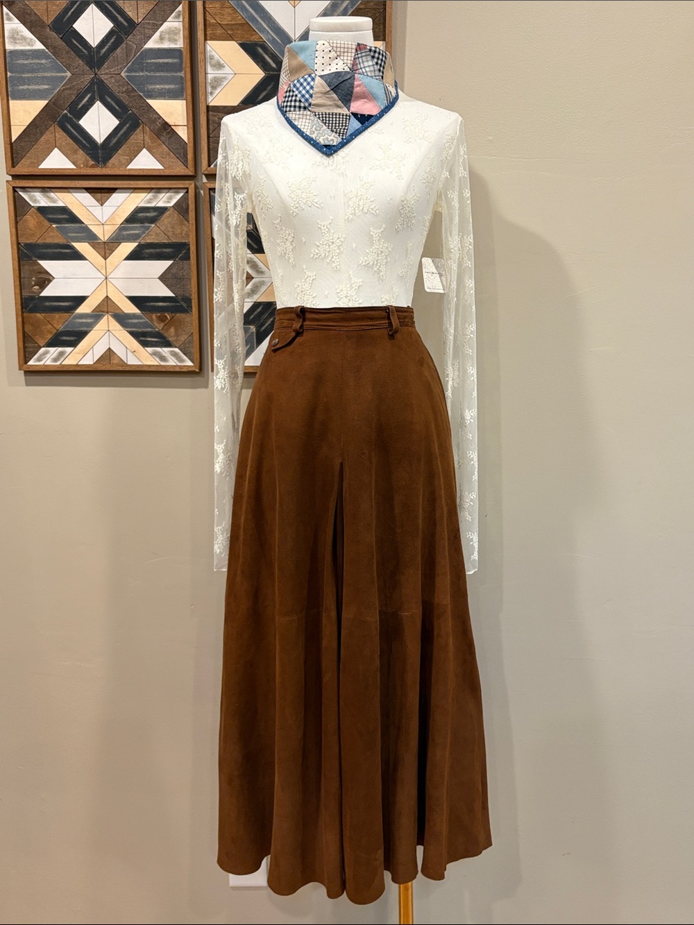 Vintage Ralph Lauren Blue Label 80s Western Suede Leather Gathered Maxi Skirt 6
